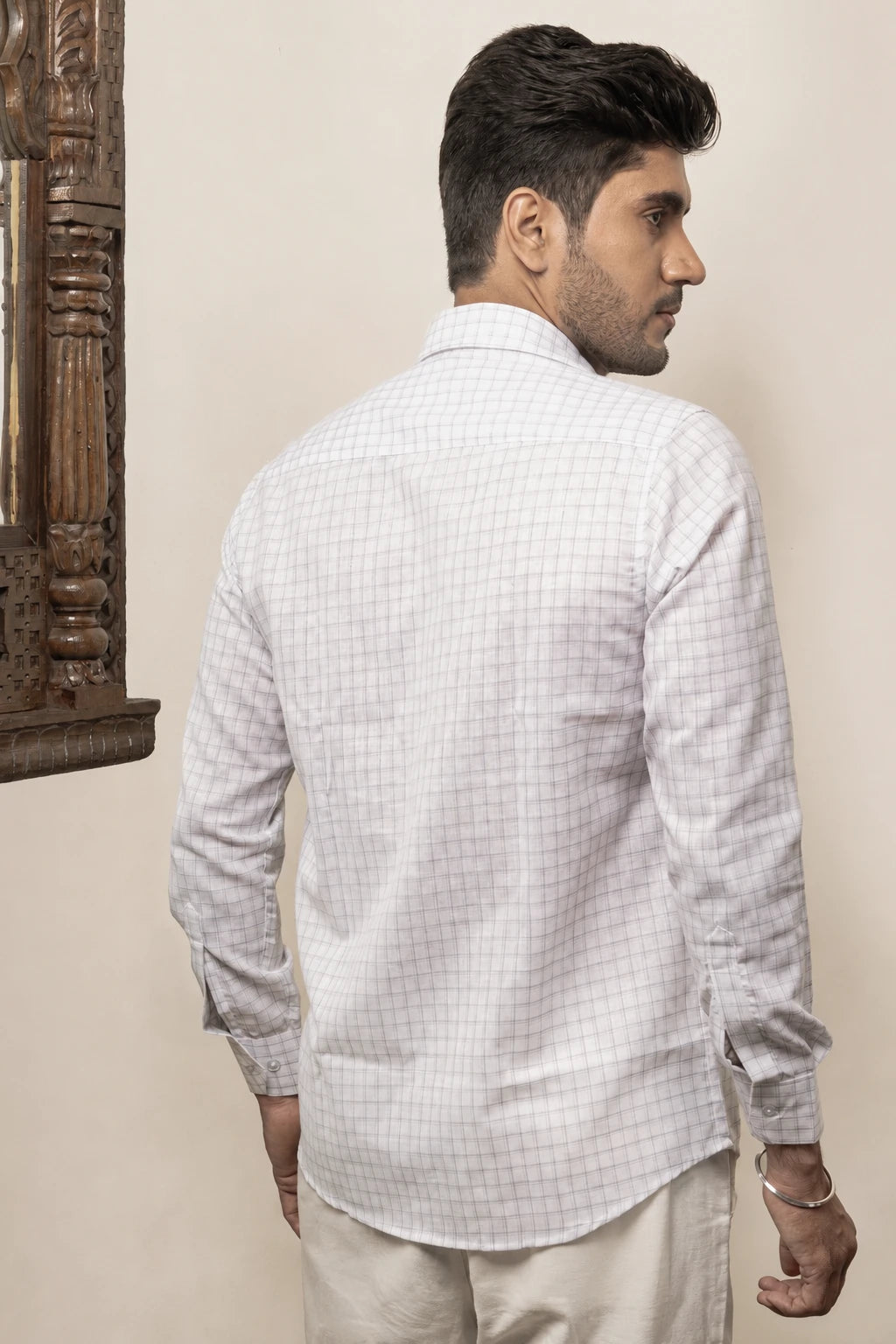 Cotton Linen Checked White Shirt