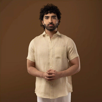 Solid Sand Beige 100% Linen Half Sleeve Shirt