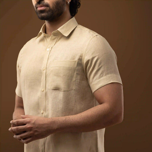 Solid Sand Beige 100% Linen Half Sleeve Shirt