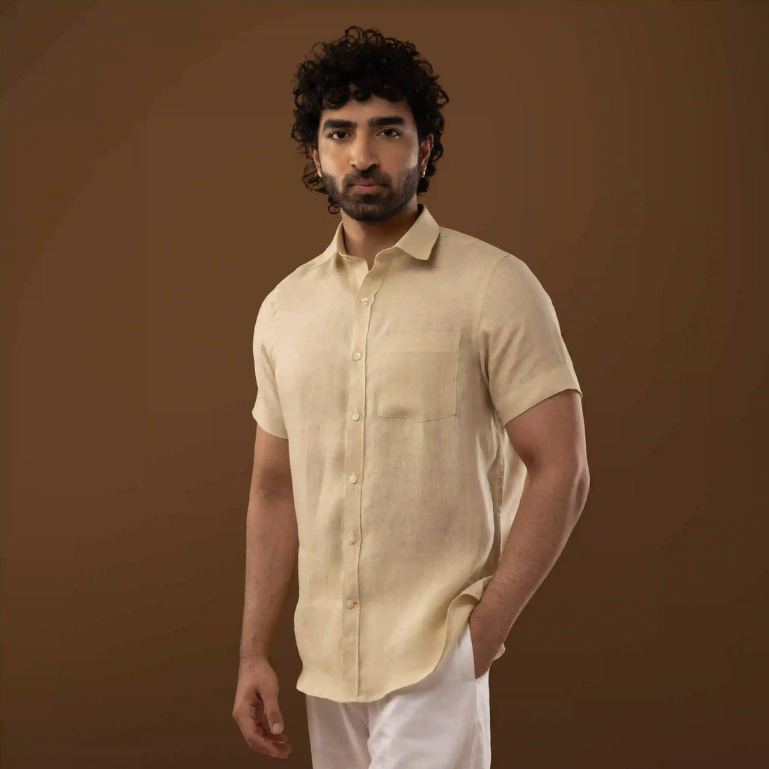 Close-up of fabric texture on Solid Sand Beige 100% Linen Half Sleeve Shirt