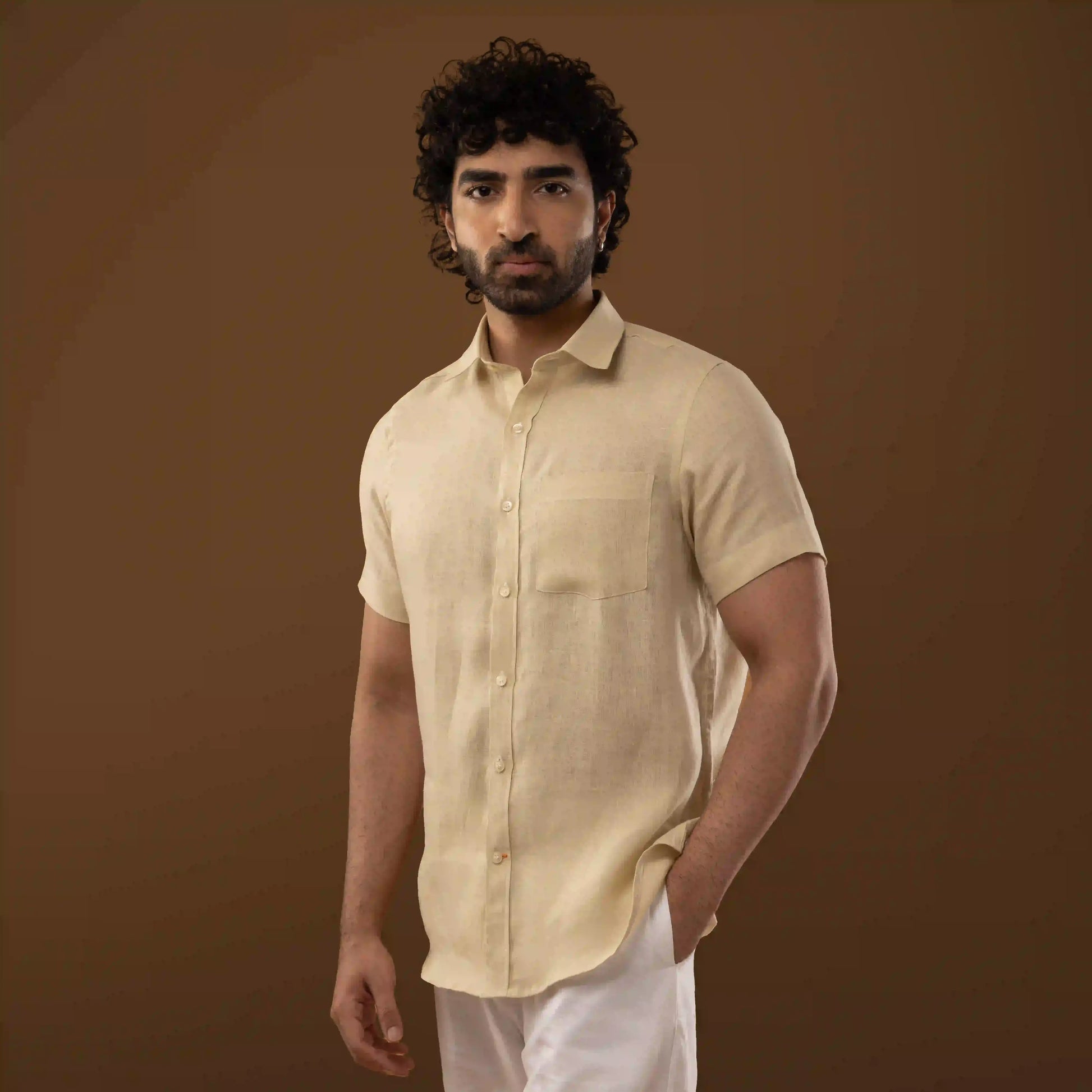 Solid Sand Beige 100% Linen Half Sleeve Shirt
