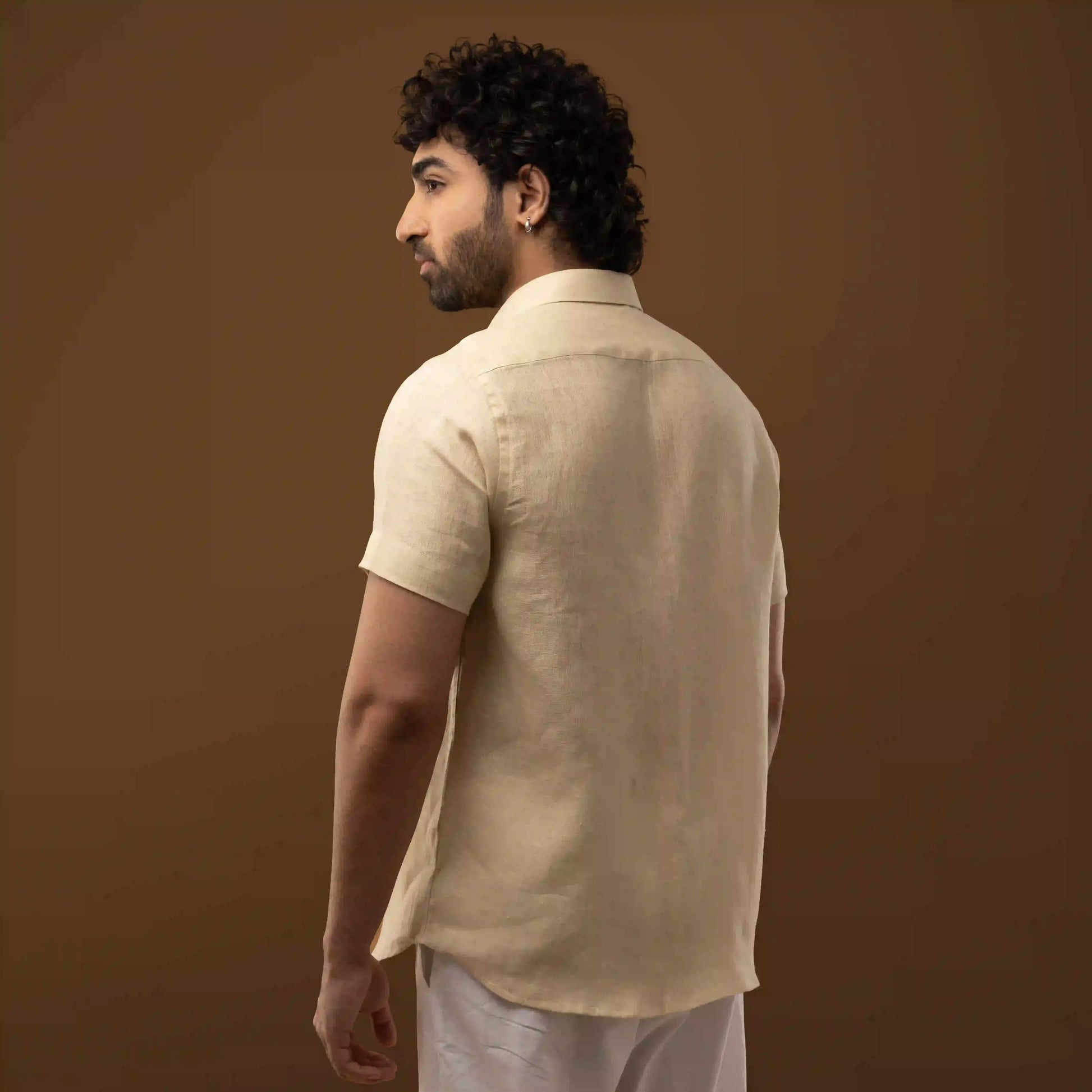 Solid Sand Beige 100% Linen Half Sleeve Shirt