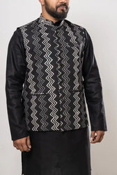 Close-up of Cotton Black Ikat Horizontal Patterned Modi Jacket showing fabric detail