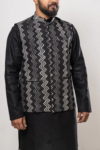 Cotton Black Ikat Horizontal Patterned Modi Jacket