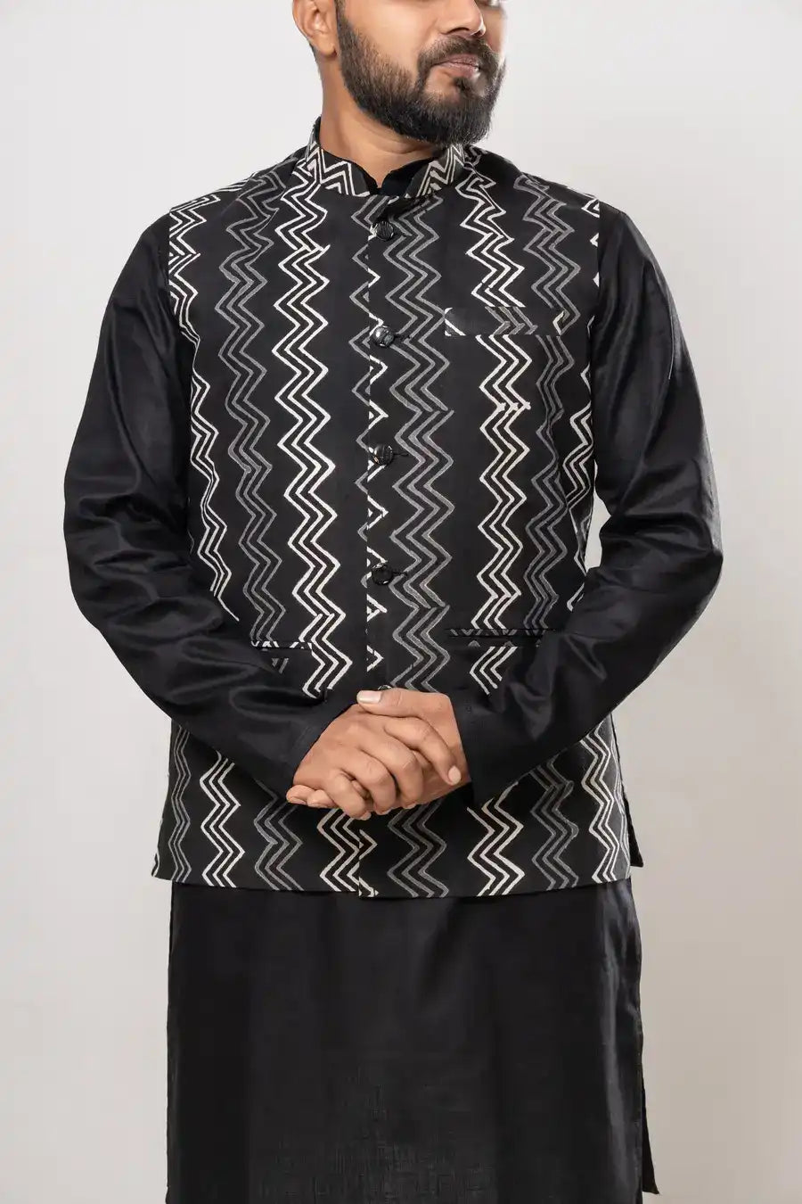 Cotton Black Ikat Horizontal Patterned Modi Jacket