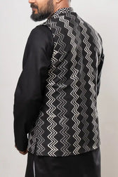 Side view of Cotton Black Ikat Horizontal Patterned Modi Jacket showcasing side seam