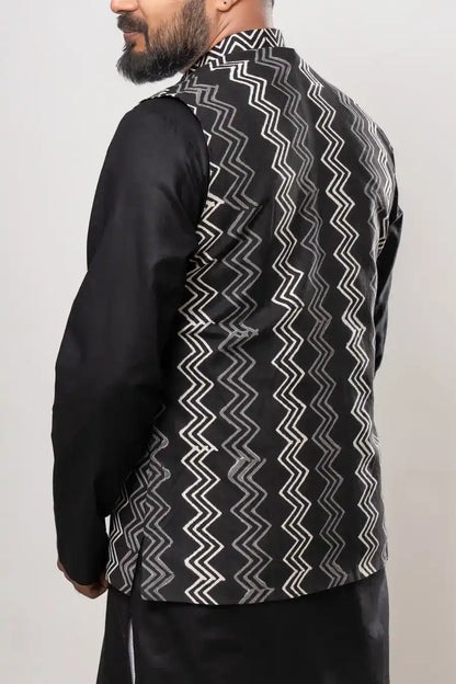 Cotton Black Ikat Horizontal Patterned Modi Jacket