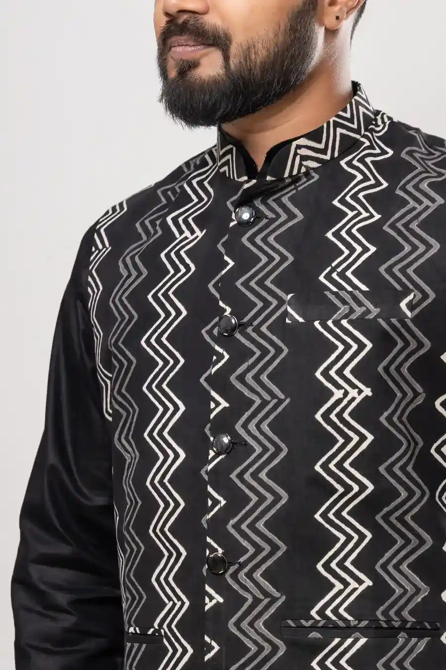 Cotton Black Ikat Horizontal Patterned Modi Jacket