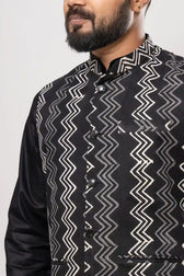 Back view of Cotton Black Ikat Horizontal Patterned Modi Jacket