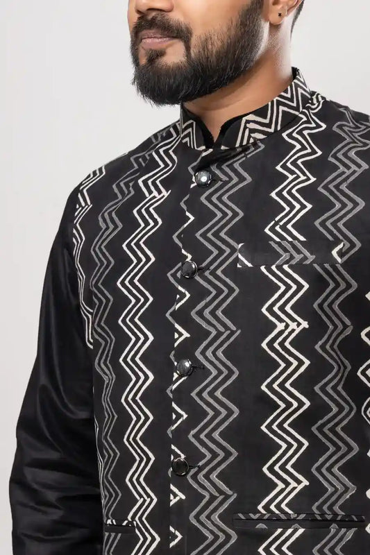 Cotton Black Ikat Horizontal Patterned Modi Jacket