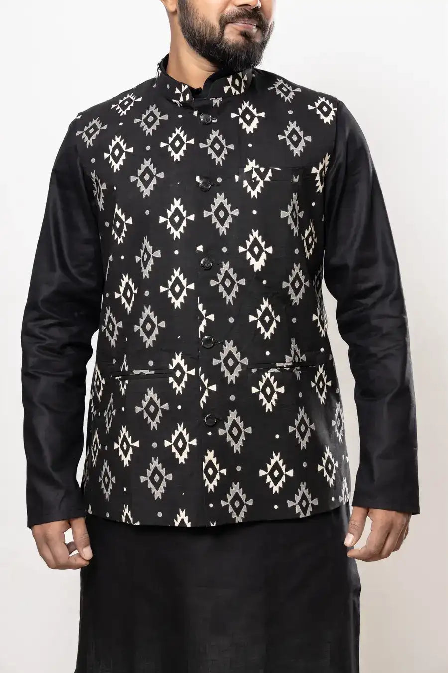 Cotton Black Handblock Patterned Modi Jacket