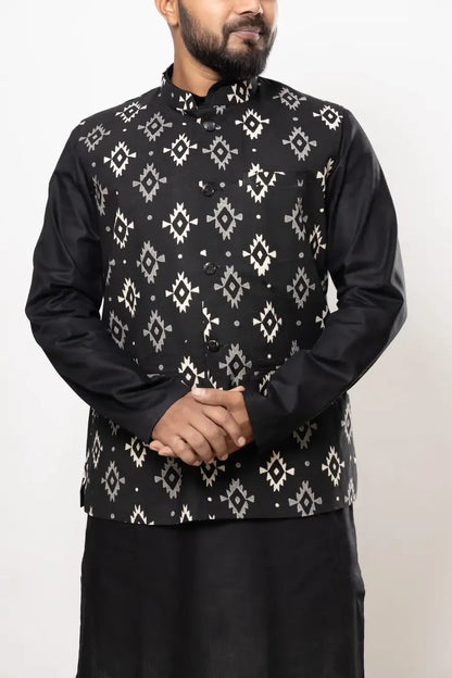 Cotton Black Handblock Patterned Modi Jacket