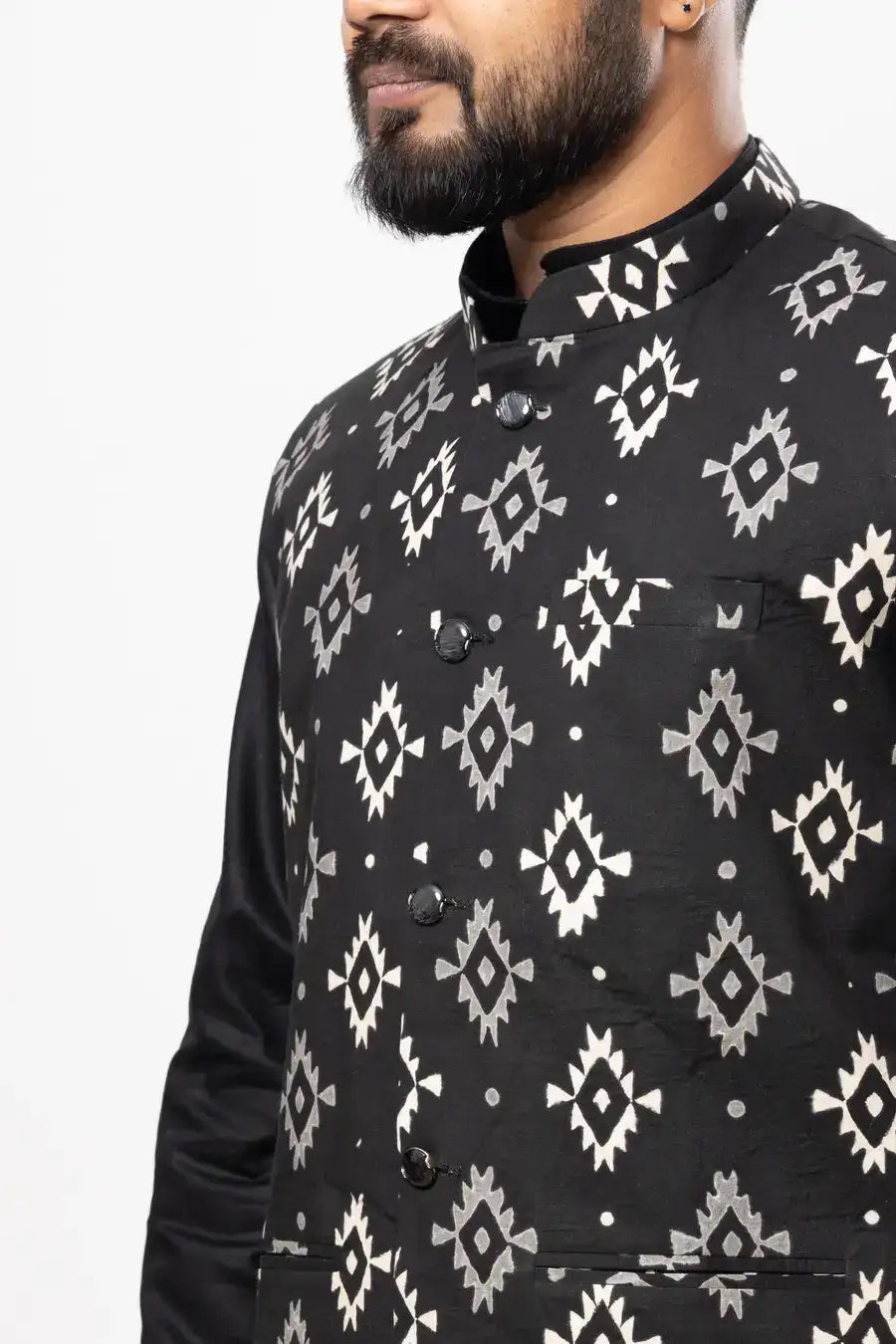 Cotton Black Handblock Patterned Modi Jacket