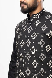 Model wearing a Cotton Black Handblock Patterned Modi Jacket with mandarin collar