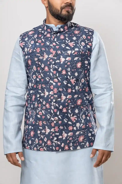 Cotton Navy Blue Bagru Print Modi Jacket