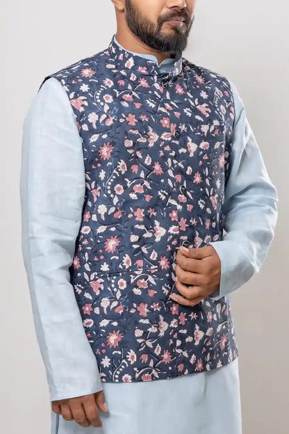 Cotton Navy Blue Bagru Print Modi Jacket