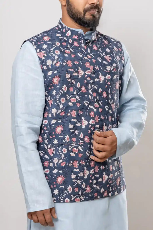 Cotton Navy Blue Bagru Print Modi Jacket
