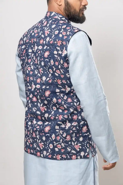 Cotton Navy Blue Bagru Print Modi Jacket
