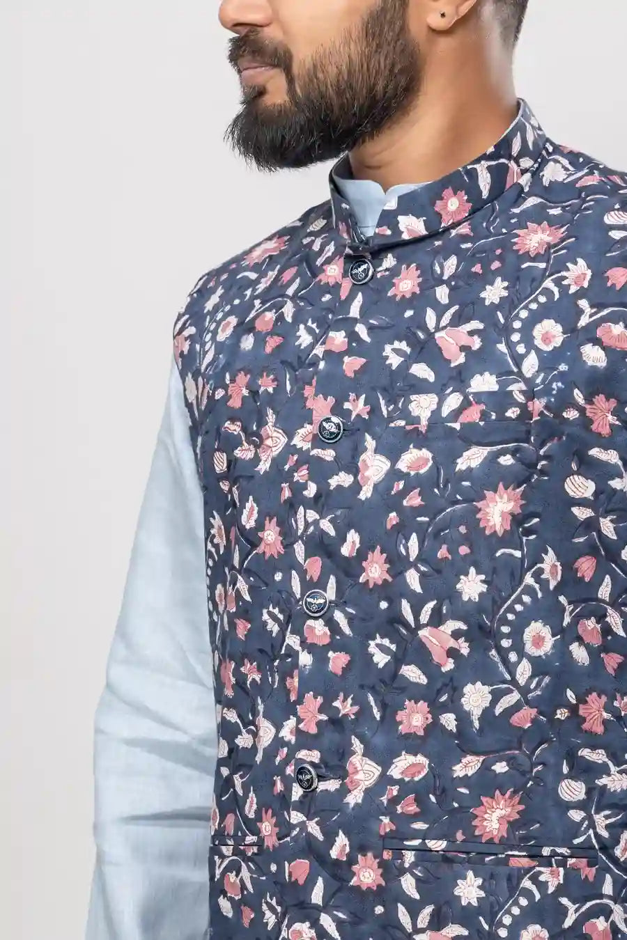 Cotton Navy Blue Bagru Print Modi Jacket