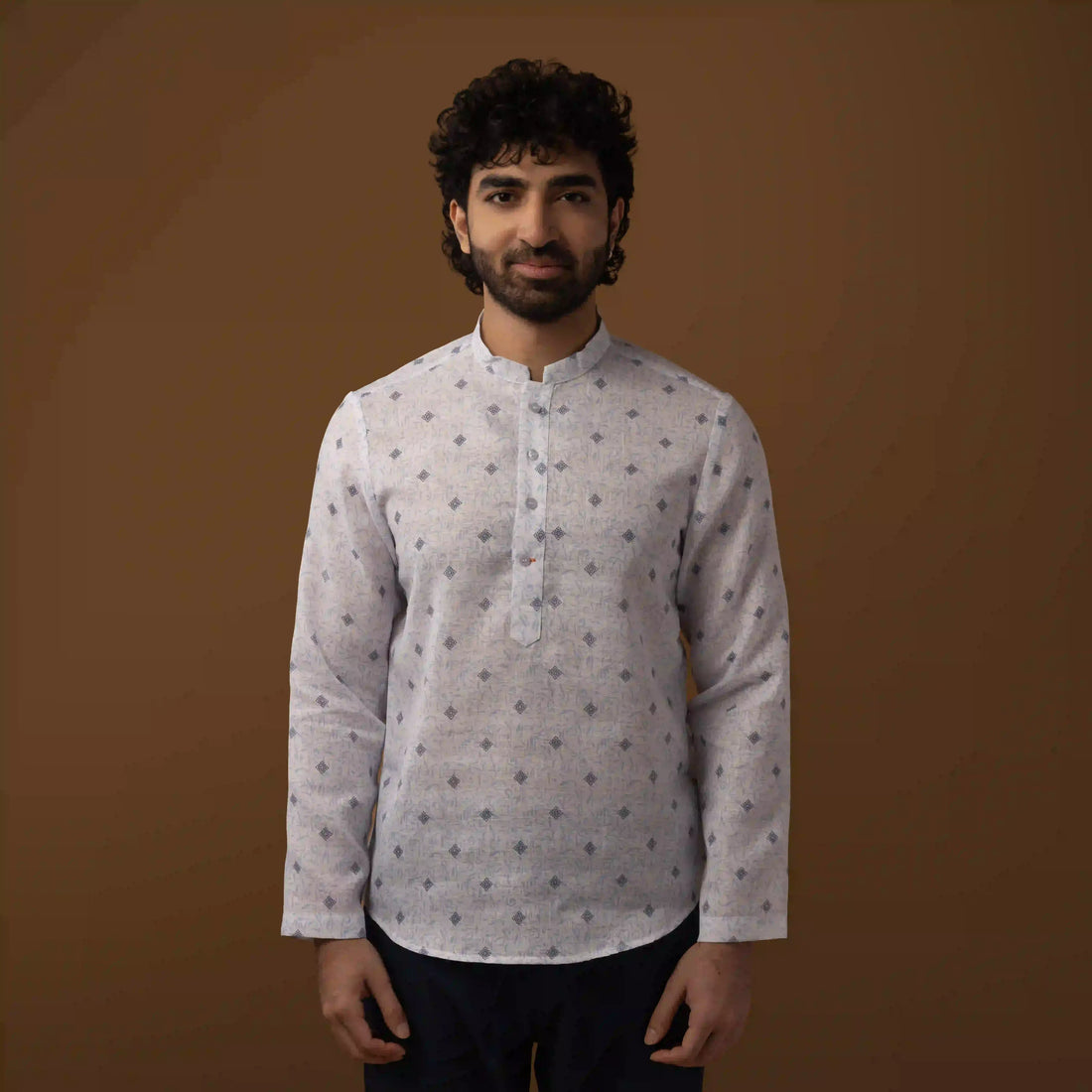 Front view of Blue Motif Cotton Linen Short Kurta with Mandarin Collar