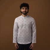 Front view of Blue Motif Cotton Linen Short Kurta with Mandarin Collar