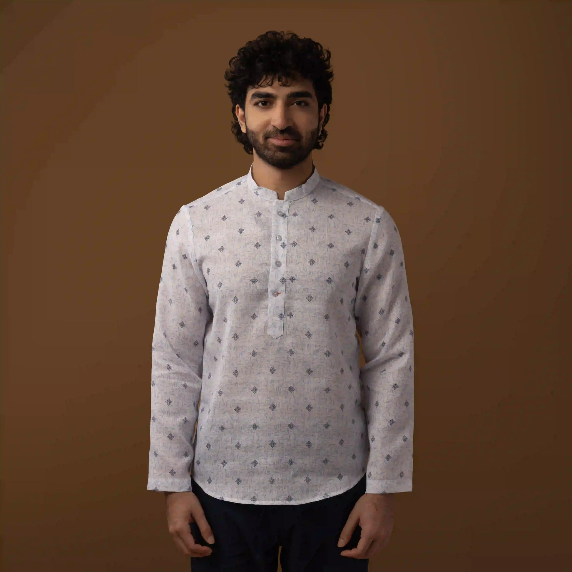 Blue Motif Cotton Linen Mandarin Collar Short Kurta