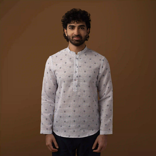 Blue Motif Cotton Linen Mandarin Collar Short Kurta