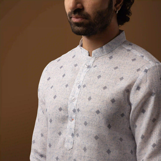 Blue Motif Cotton Linen Mandarin Collar Short Kurta