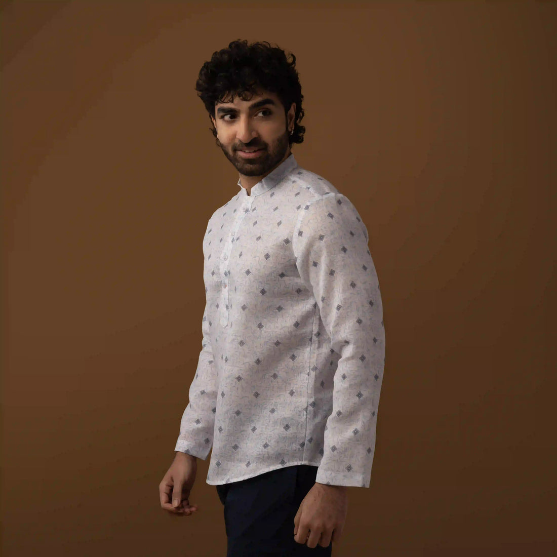 Side view of Blue Motif Cotton Linen Short Kurta
