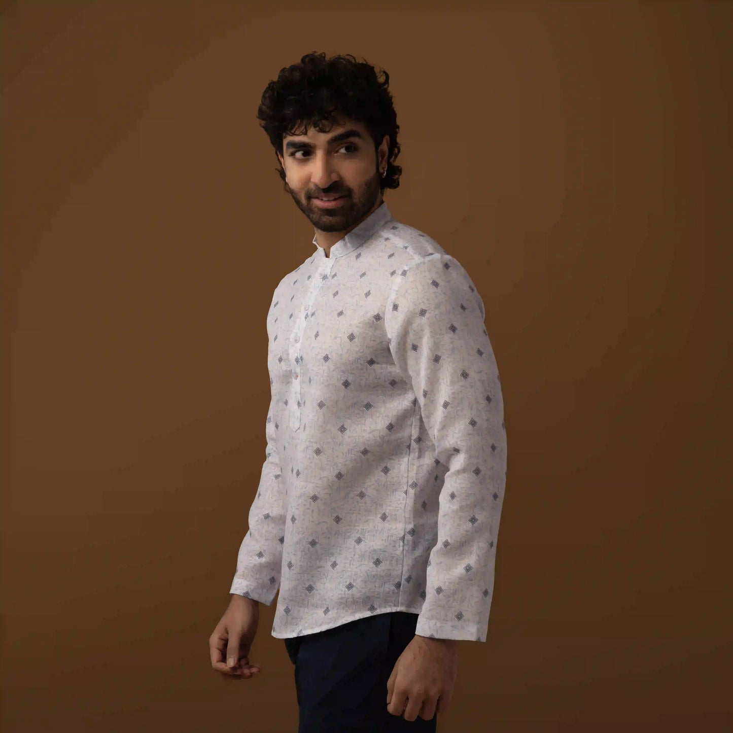 Blue Motif Cotton Linen Mandarin Collar Short Kurta