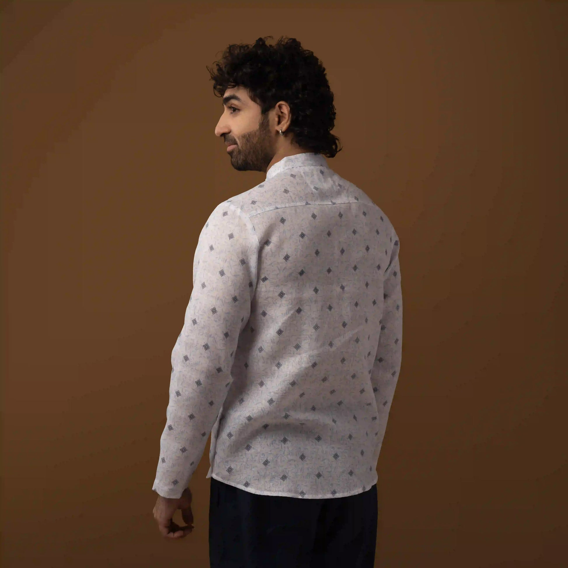 Blue Motif Cotton Linen Mandarin Collar Short Kurta