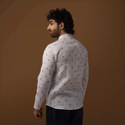 Blue Motif Cotton Linen Mandarin Collar Short Kurta
