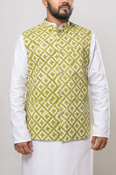 Front view of Cotton Lime Green Dabu Print Modi Jacket