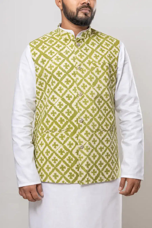 Cotton Lime Green Dabu Print Modi Jacket