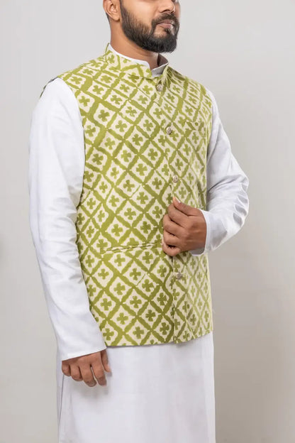 Cotton Lime Green Dabu Print Modi Jacket