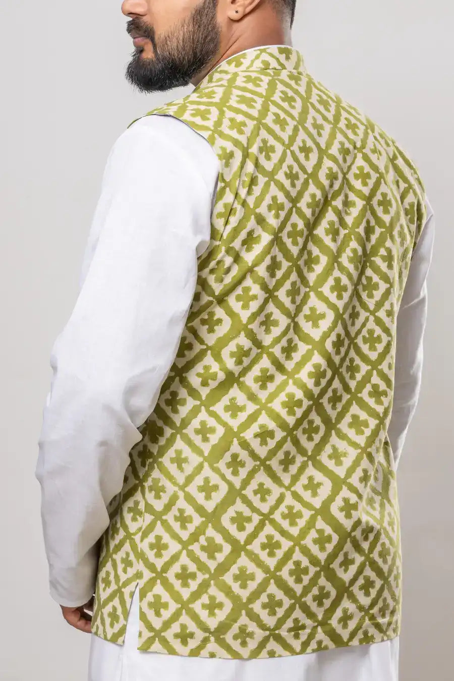 Cotton Lime Green Dabu Print Modi Jacket