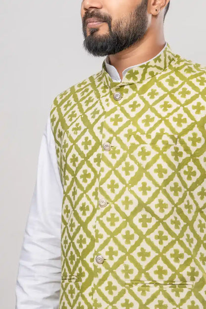 Cotton Lime Green Dabu Print Modi Jacket