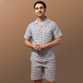 Model wearing Blue Check Cotton Coord Set, front view