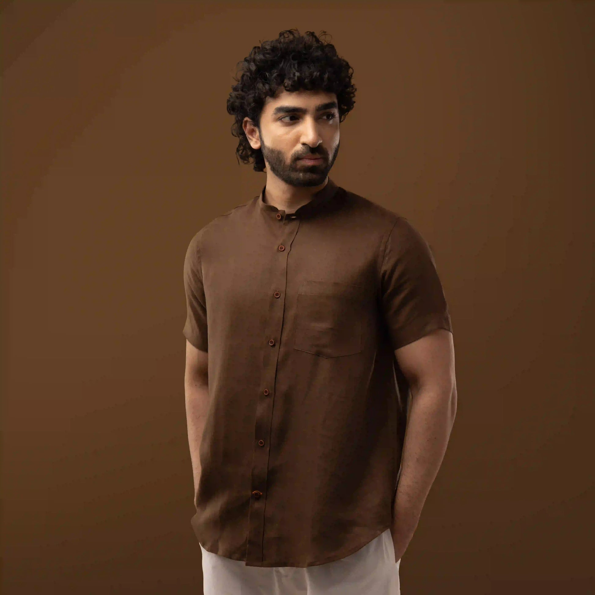 Cocoa Brown 100% Linen Mandarin Collar Half Sleeve Shirt