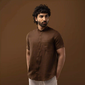 Cocoa Brown 100% Linen Mandarin Collar Half Sleeve Shirt
