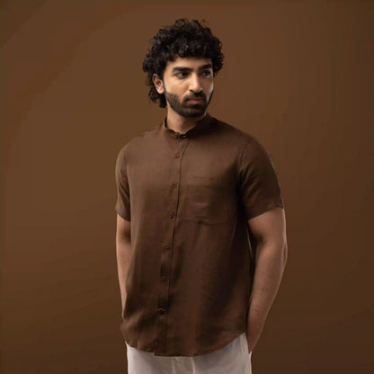 Cocoa Brown 100% Linen Mandarin Collar Half Sleeve Shirt