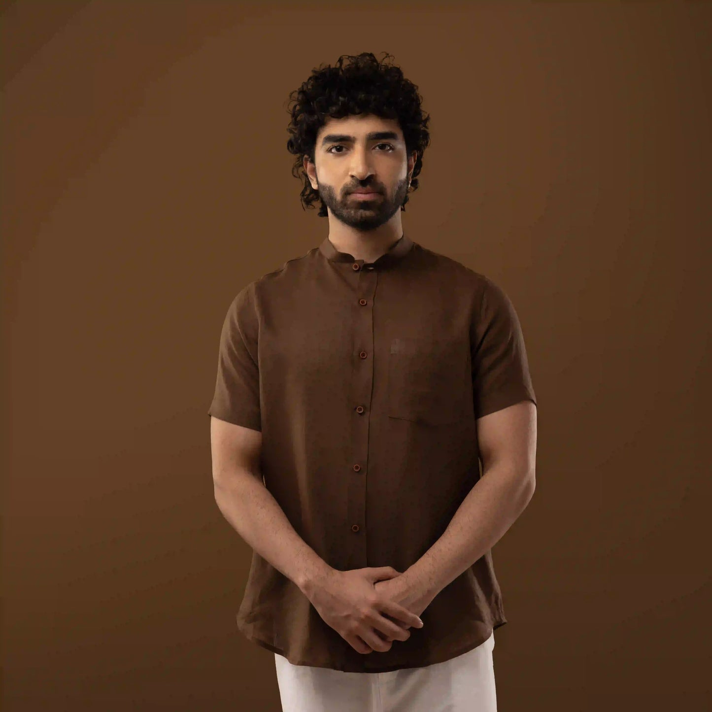 Cocoa Brown 100% Linen Mandarin Collar Half Sleeve Shirt