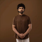 Close-up of Mandarin Collar on Cocoa Brown Linen Shirt