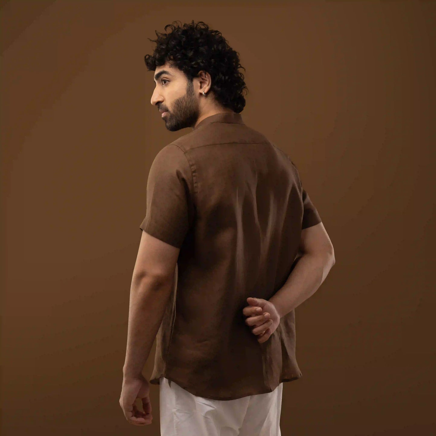 Cocoa Brown 100% Linen Mandarin Collar Half Sleeve Shirt