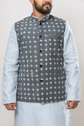 Cotton Gray Dabu Print Modi Jacket