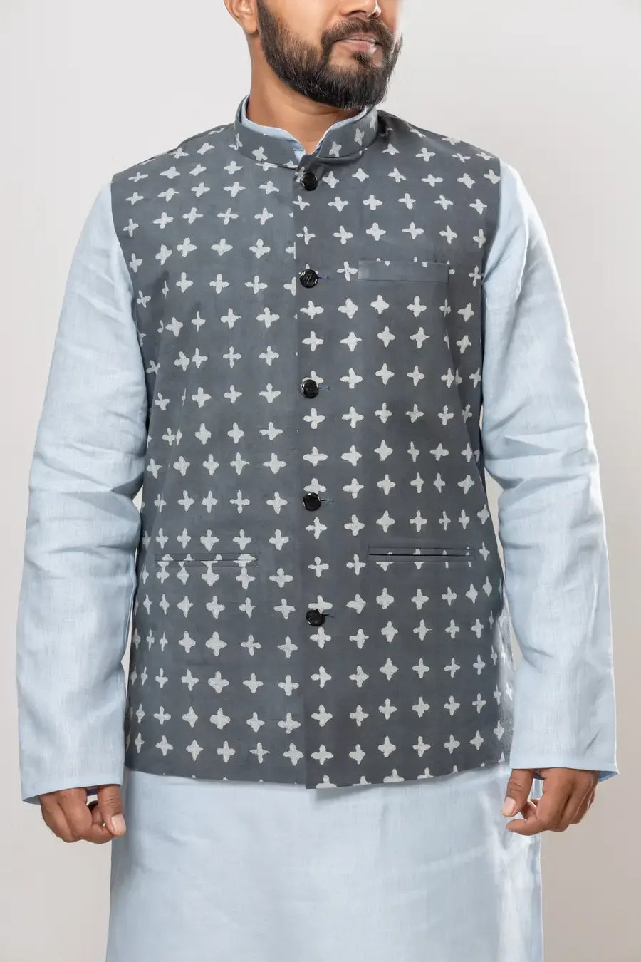 Cotton Gray Dabu Print Modi Jacket