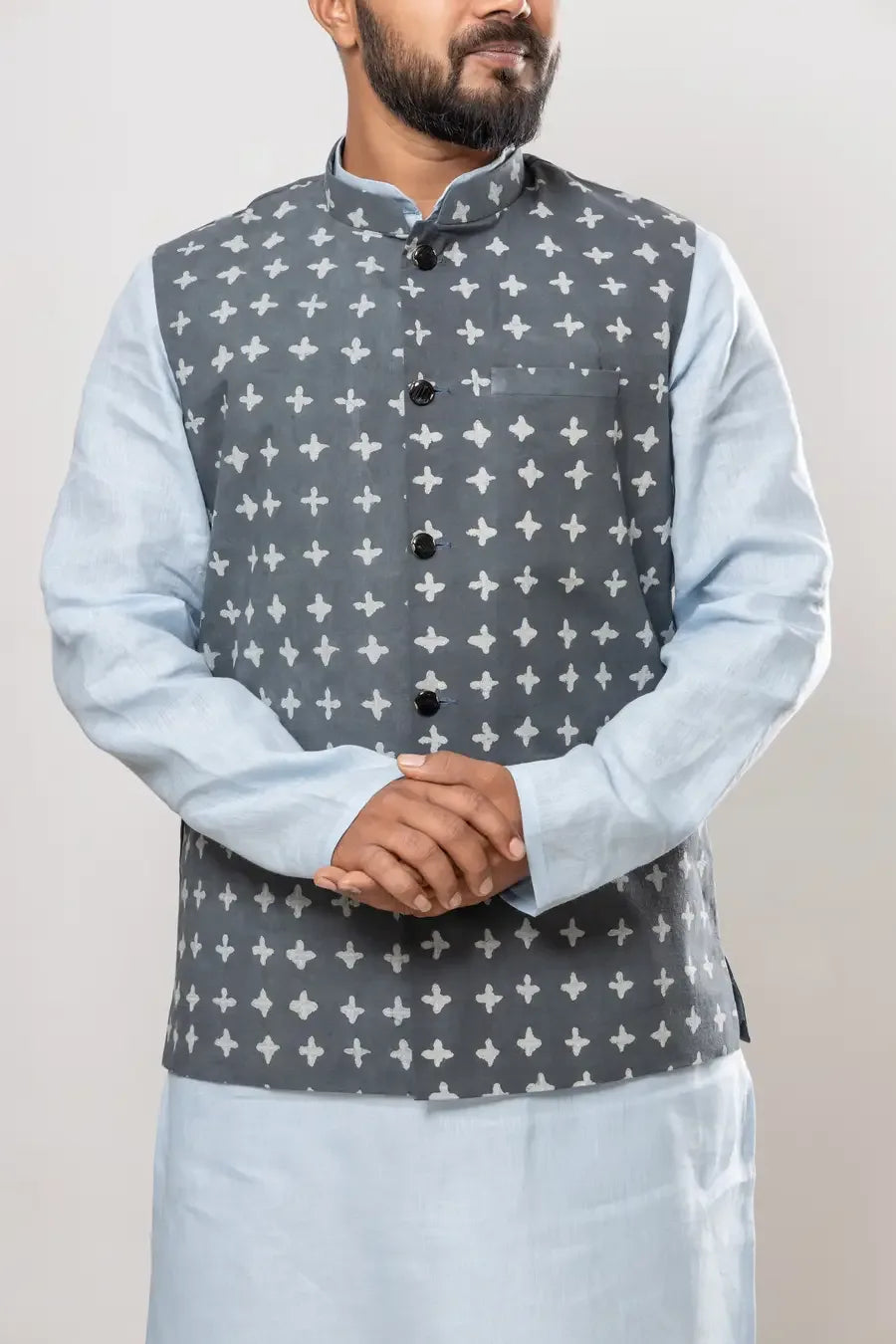 Cotton Gray Dabu Print Modi Jacket