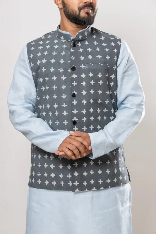 Cotton Gray Dabu Print Modi Jacket