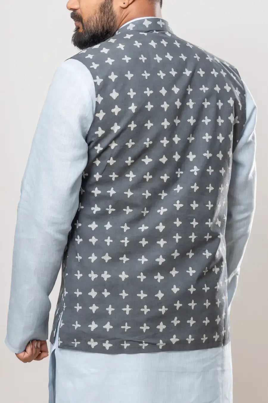 Cotton Gray Dabu Print Modi Jacket