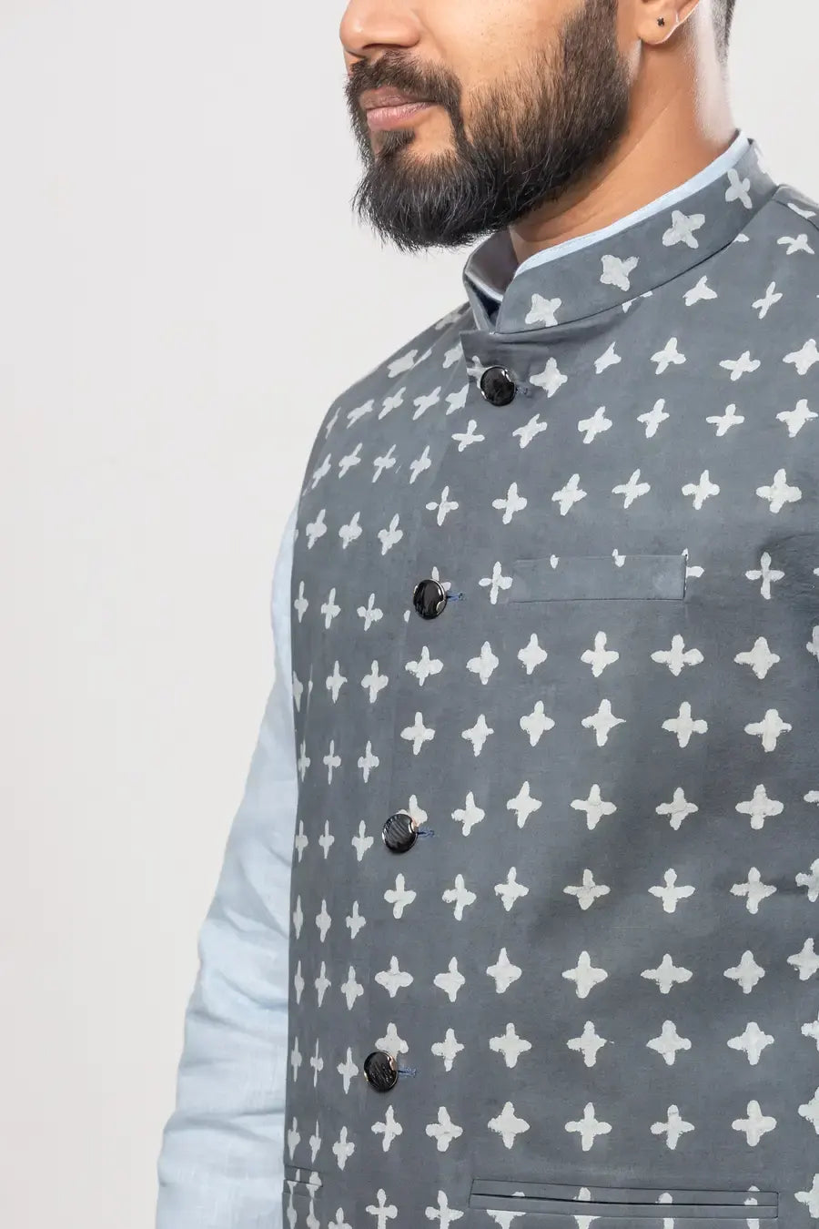 Cotton Gray Dabu Print Modi Jacket